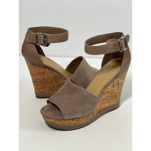 Marc Fisher Shoes Women 7 Sandals Brown Taupe Leather Suede Platform Wedge Heel - Picture 1 of 12